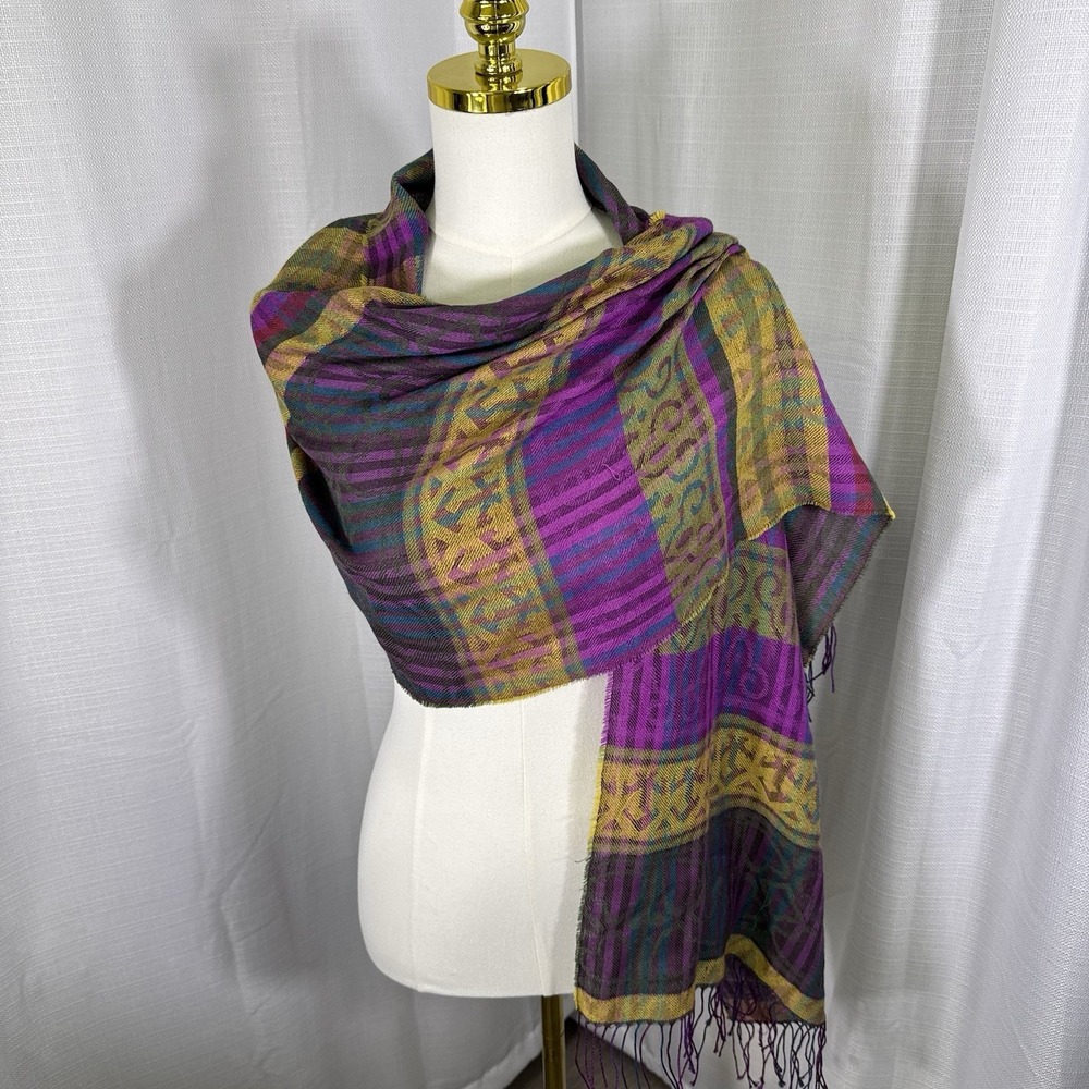 Sol Peruvian Inca Scarf Shawl Baby Alpaca Silk Blend Lightweight Colorful Fringe